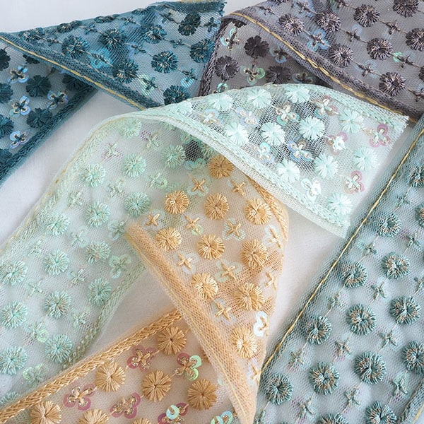 5.5cm幅 くすみカラー スパンコール刺繍リボン インドリボン メッシュリボン ボタニカル柄 営業日即日発送 