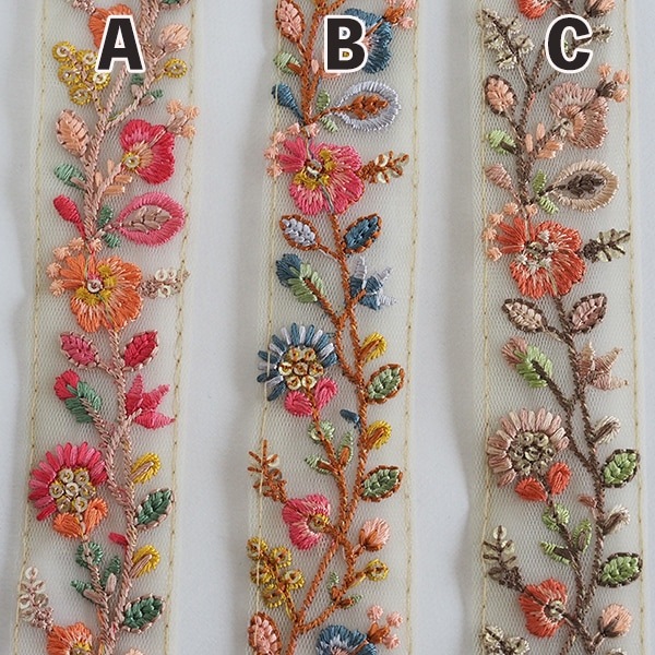 3.5cm インドリボン 花柄刺繍リボン チュールリボン ボタニカル模様 ショルダーストラップ 営業日即日発送 