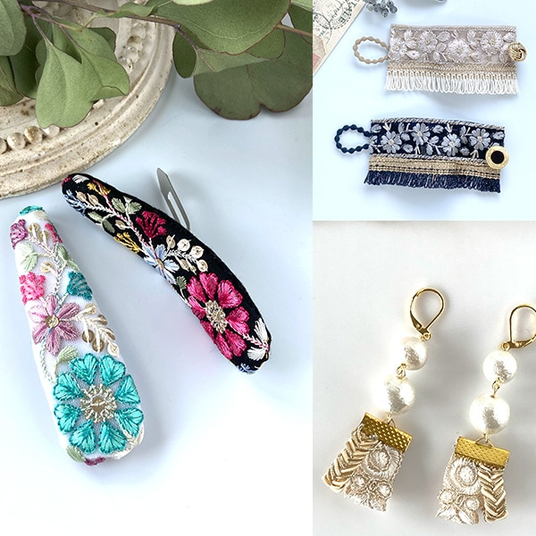 光沢感が美しい艶のあるインド花柄刺繍のチュールリボンは、ショルダー