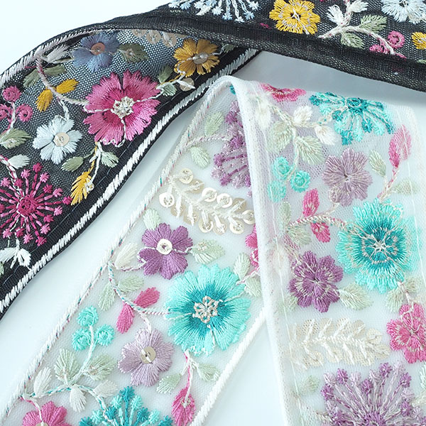 約5cm幅 花柄刺繍チュールリボン インド刺繍リボン ハンドメイド 簡単ヘアポニーフック作り キーチャーム材料パーツ販売 営業日即日発送