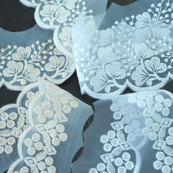 約6cm幅 コットン混合レース 幅広チュール刺繍ベールパーツ チュールレース アクセサリーパーツ ヘッドドレス ウエディングドレスパーツ 営業日即日発送 