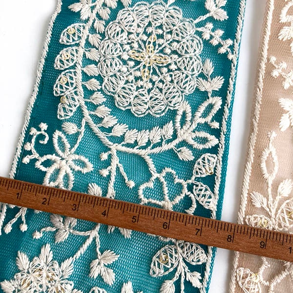 8cm幅 太幅 花柄刺繍インドリボン 刺繍ポーチパーツ ボタニカル模様 フラワーリボン 帯ロール 営業日即日発送 