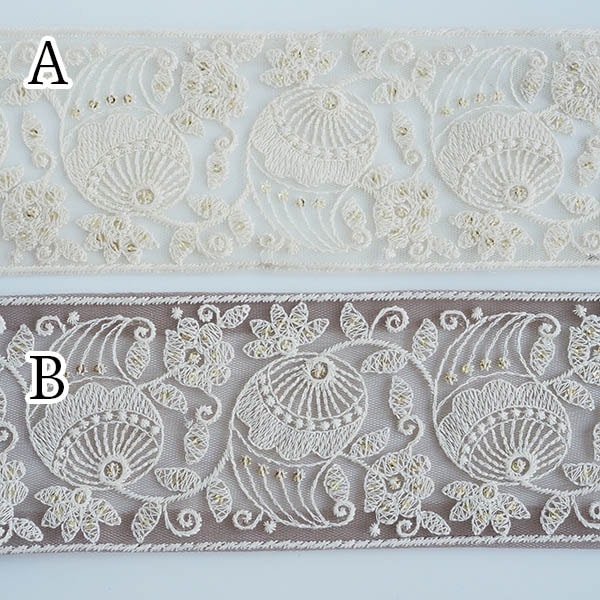 8cm幅 太幅チュールリボン 花柄刺繍レース インドリボン ハンドメイドポーチ ミニ巾着 ボタニカル模様 営業日即日発送 