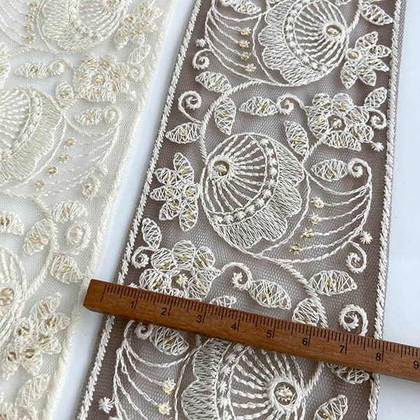 8cm幅 太幅チュールリボン 花柄刺繍レース インドリボン ハンドメイドポーチ ミニ巾着 ボタニカル模様 営業日即日発送 
