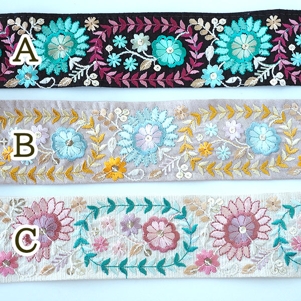6cm幅 シルク風なめらかインド刺繍花柄リボンブレード ハンドメイドショルダーストラップカメラチェーン持ち手資材販売 営業日即日発送 