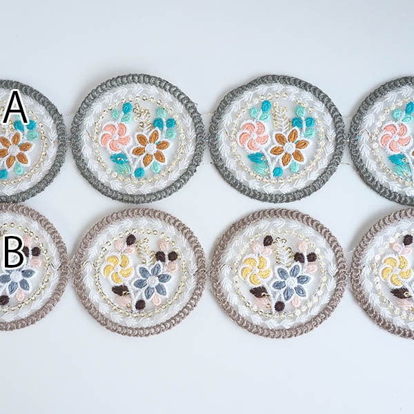 7cm幅 オリジナルデザイン サークル モチーフリボン ボタニカル花柄刺繍 サークル 縁取り モチーフレースリボン 営業日即日発送 