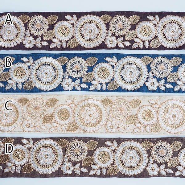 4.5cm幅 大人カラー和柄風ゴールドインド刺繍インドリボン 花柄刺繍リボン 太幅リボン ヘアポニー資材 営業日即日発送 [ワールデザインmakiras 全商品商用可 リボンレース卸]