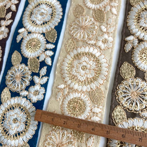 4.5cm幅 大人カラー和柄風ゴールドインド刺繍インドリボン 花柄刺繍リボン 太幅リボン ヘアポニー資材 営業日即日発送 [ワールデザインmakiras 全商品商用可 リボンレース卸]