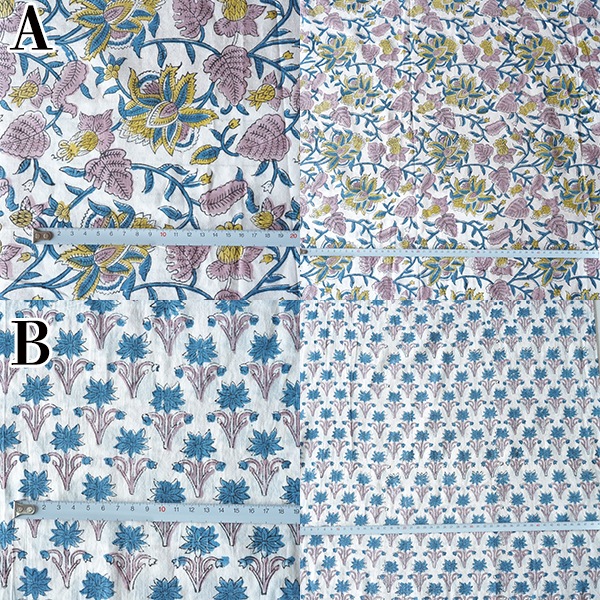 110cm幅 やわらかインド綿花柄プリント生地 ブロックプリントコットン100% カーテン クッション ハンカチ 営業日即日発送