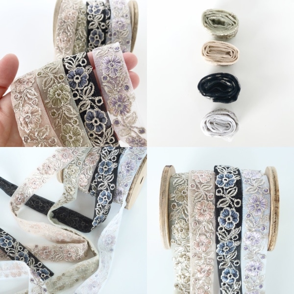 2cm幅 細幅シルバーラメ糸刺繍インド刺繍リボン サリー風チュールリボンブレード 営業日即日発送