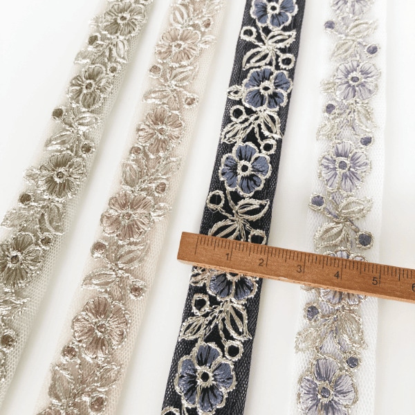 2cm幅 細幅シルバーラメ糸刺繍インド刺繍リボン サリー風チュールリボンブレード 営業日即日発送
