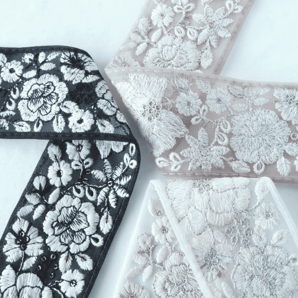 約6cm幅 モノトーン花柄ホワイト刺繍チュールリボン インド刺繍リボン ナチュラル系オケージョンヘアアクセサリー資材営業日即日発送