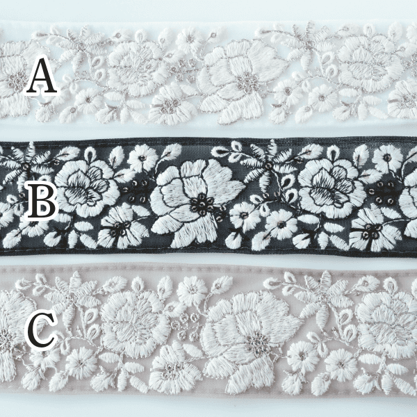 約6cm幅 モノトーン花柄ホワイト刺繍チュールリボン インド刺繍リボン ナチュラル系オケージョンヘアアクセサリー資材営業日即日発送