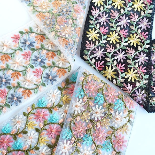 8cm幅 太幅 インド刺繍リボン チュール素材レース 小花柄 太幅リボン巾着 営業日即日発送 