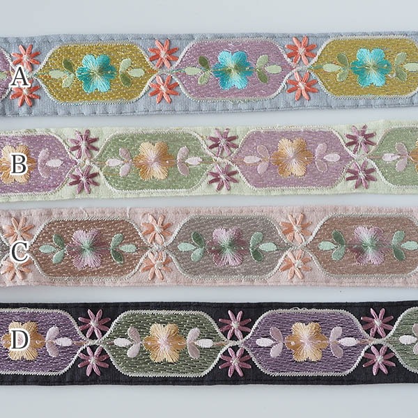 3.5cm幅 インド花柄刺繍なめらかシルク風リボン フラワー刺繍ブレード 輸入リボン ハンドメイドショルダーストラップ資材 営業日即日発送 