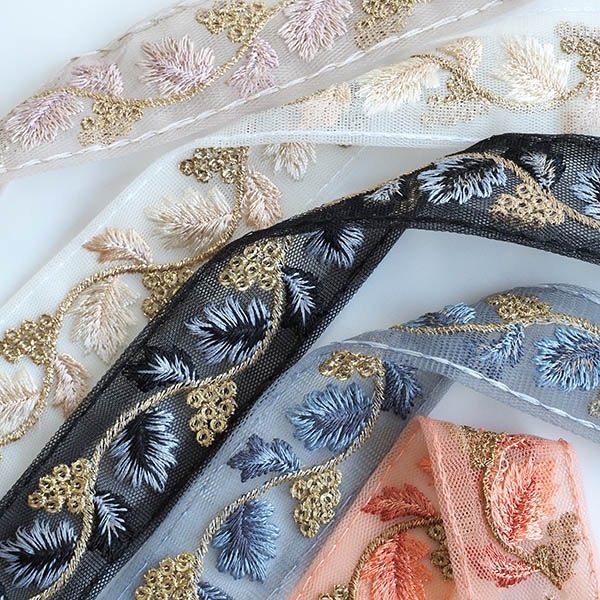 インド刺繍リボンリーフモチーフボタニカル小花柄 チュールリボン ラメ手芸用リボンブレード販売 営業日即日発送 