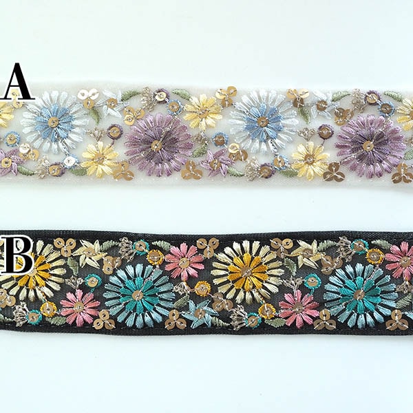 約4.5cm幅 スパンコールたっぷり ゴージャス花柄インド刺繍チュールリボン 営業日即日発送