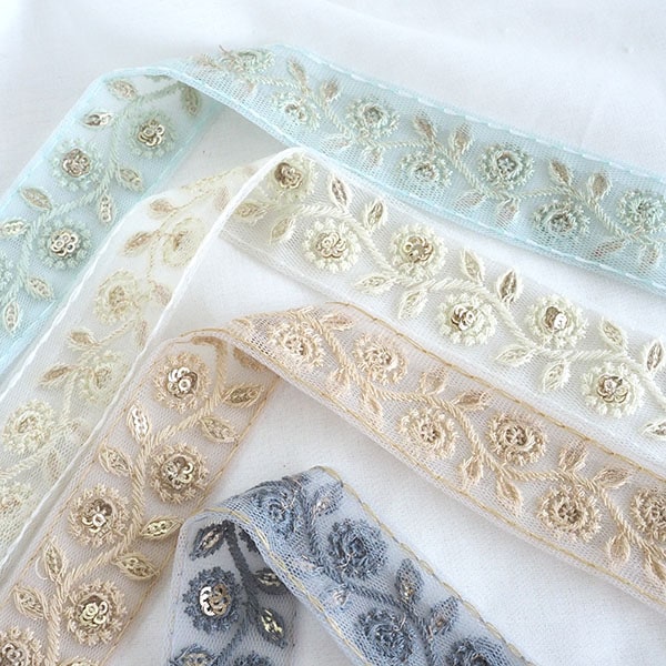 3cm幅 インド刺繍リボン オーガンジーリボン リーフ スパンコール刺繍 リボンブレード 営業日即日発送 