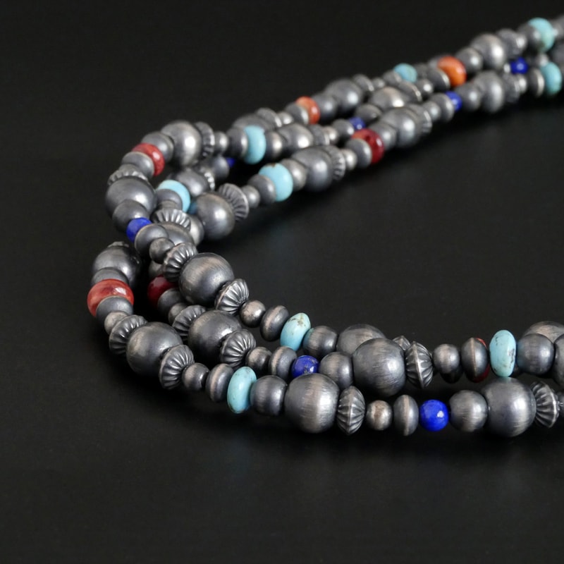 61cm Reva Goodluck ナバホパール×ストーンビーズ 3連ネックレス