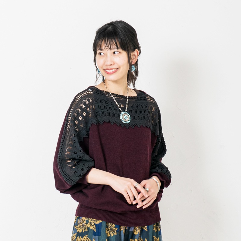 30%OFF　コットンレースニットドルマンプルオーバー