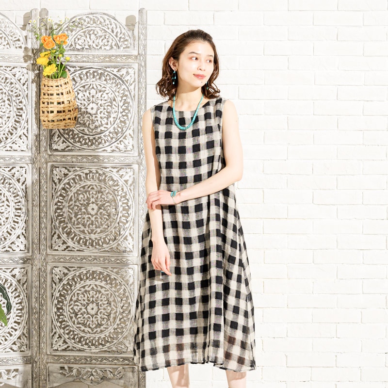NEW リネンギンガムチェックのワンピースとベストとトップス