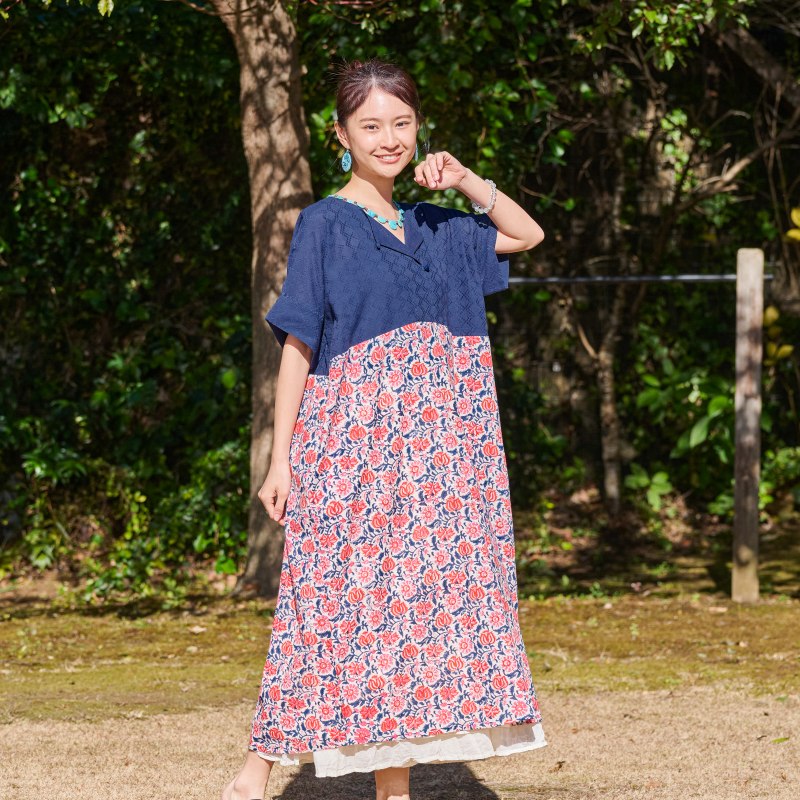 30%OFF ブロックプリントx無地ワンピース 【メール便可