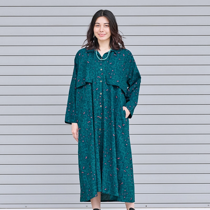 50%OFF　コットンペルシャラグ柄シルエットプリント前あきワンピース