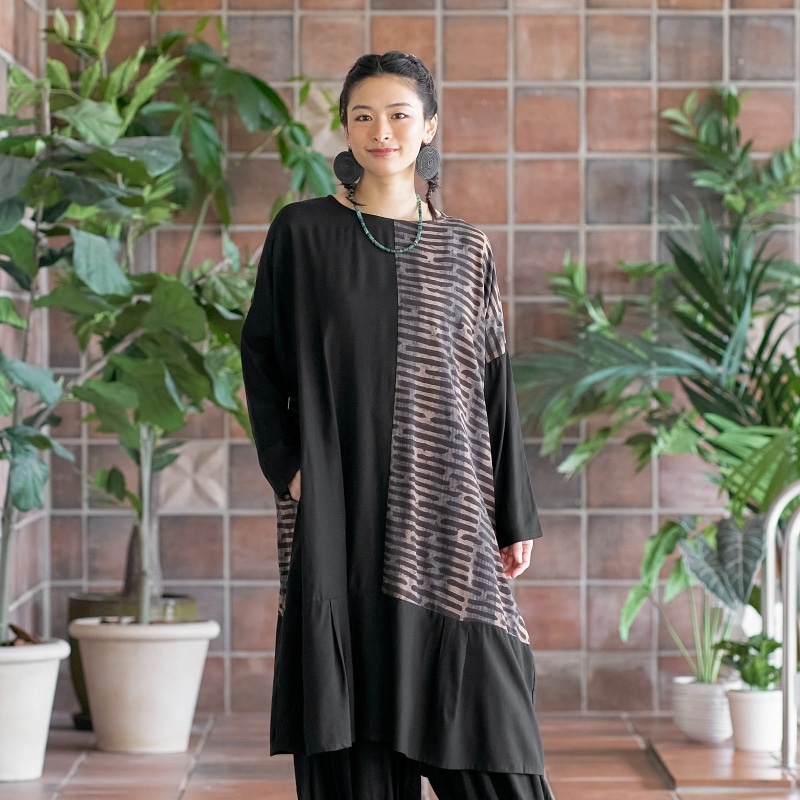 30%OFF レーヨンブロックプリント無地コンビワンピース｜マライカ公式通販