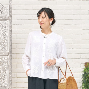 SOULEIADO ブラウス 長袖 ラクナウ刺繍 コットン 36 コットンラクノウ刺繍スタンドカラーブラウス|マライカ公式通販