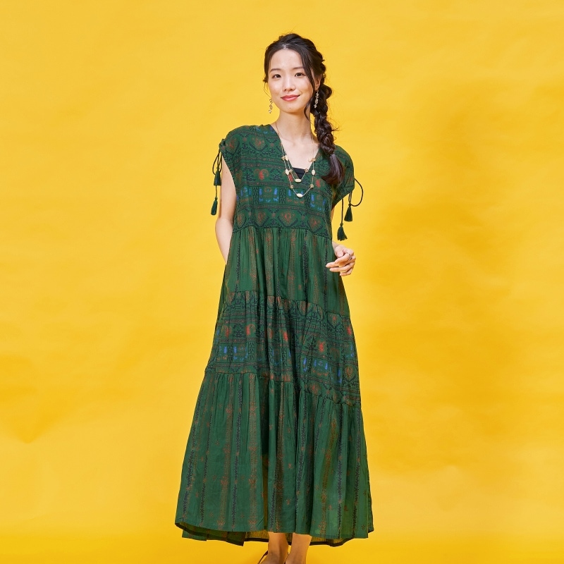 コットンストライププリントドロストノースリーブワンピース｜マライカ