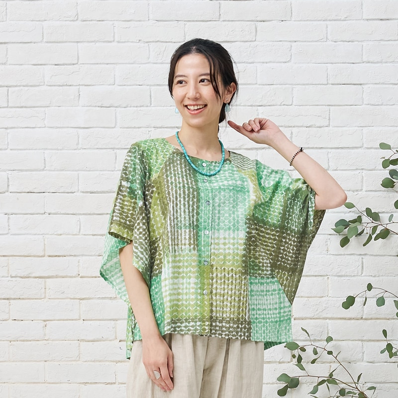 コットンブロックプリントフレアスリーブブラウス 【メール便可
