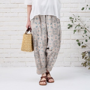 mook様リクエスト商品　タイパンツ・カットソーおまとめ コットンブロックプリントタックパンツ 【メール便可】｜マライカ公式通販
