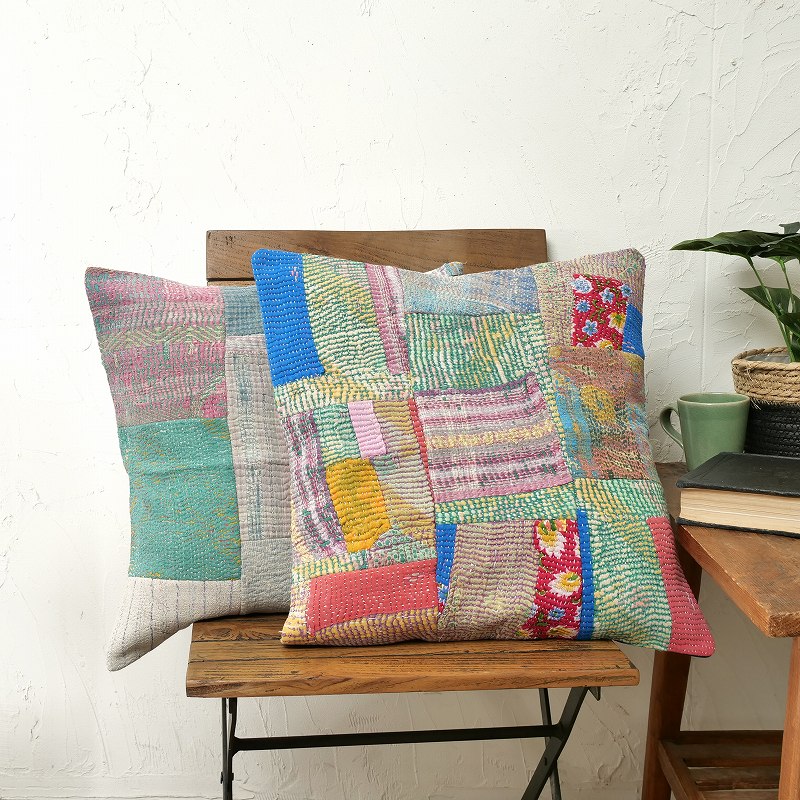【インドの手仕事】刺子 グドゥリーラリーキルトパッチワーククッション　2セット グドゥリーラリーキルトパッチワークフラットクッション｜マライカ公式通販