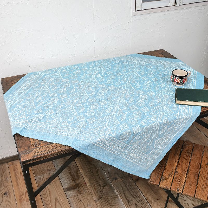 シャンブレーイタワ×ブロックプリントテーブルクロス 110cm×110cm