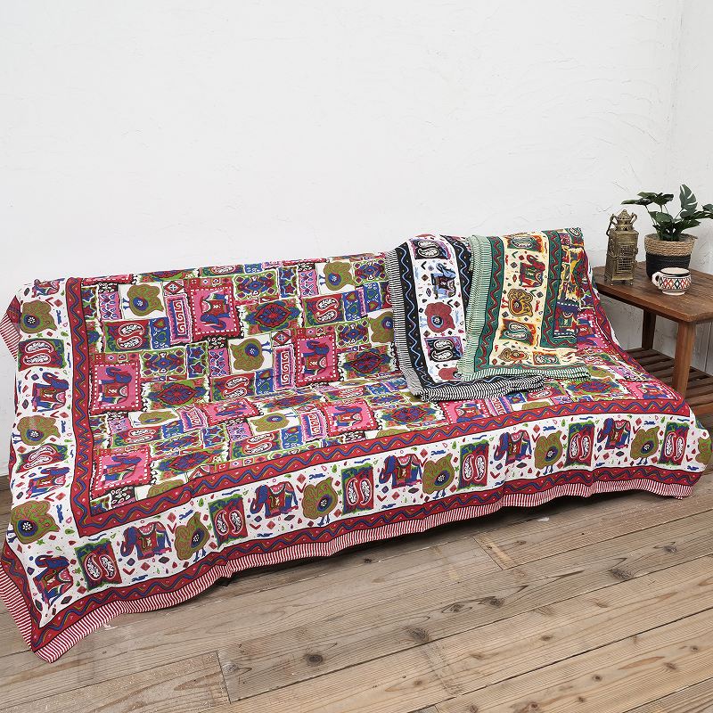 【希少】手織り 大判 マルチカバー 上質 手織り 象パッチプリントマルチクロス 150cmx225cm｜マライカ公式通販