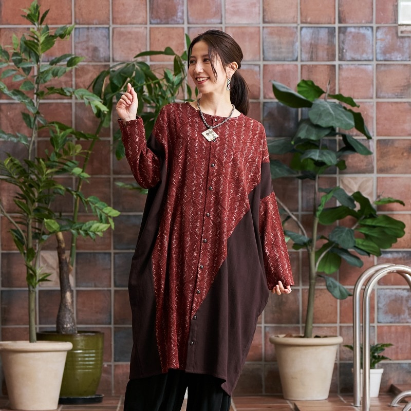 裏起毛プリント×無地前あきワンピース