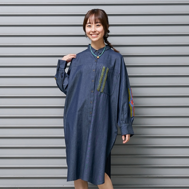 デニム刺繍ドルマンシャツ前あきワンピース