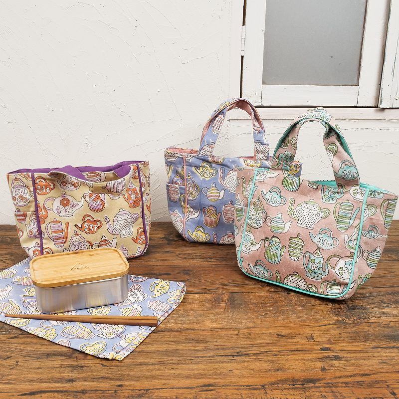 ポット柄ブロックプリント ランチトートバッグ　【メール便可】