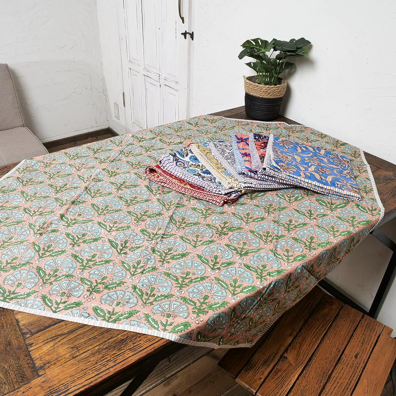 サンガネールブロックプリントテーブルクロス　110cmx110cm　【メール便可】
