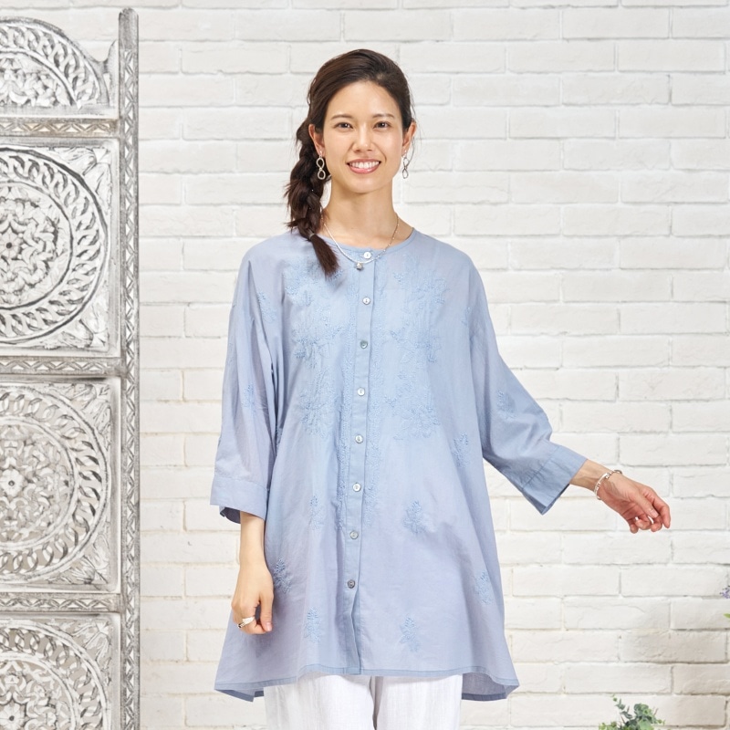 ラクノウ刺繍前開きチュニックブラウス