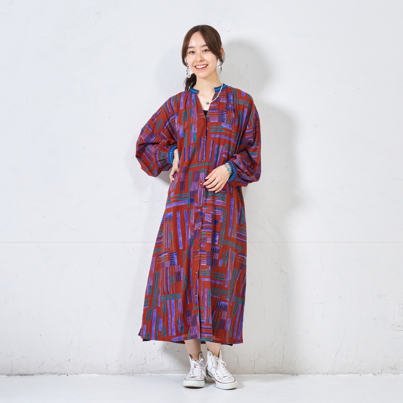 コットンラインプリント前あきワンピース｜マライカ公式通販