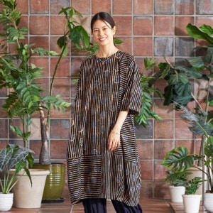 売約済み　専用　新品　マジョマジョ　麻100% ストライプ ロング ワンピース ドットストライププリント前あきワンピース｜マライカ公式通販