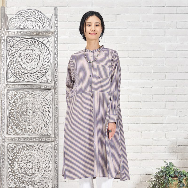 ストライプ切り替え前あきワンピース