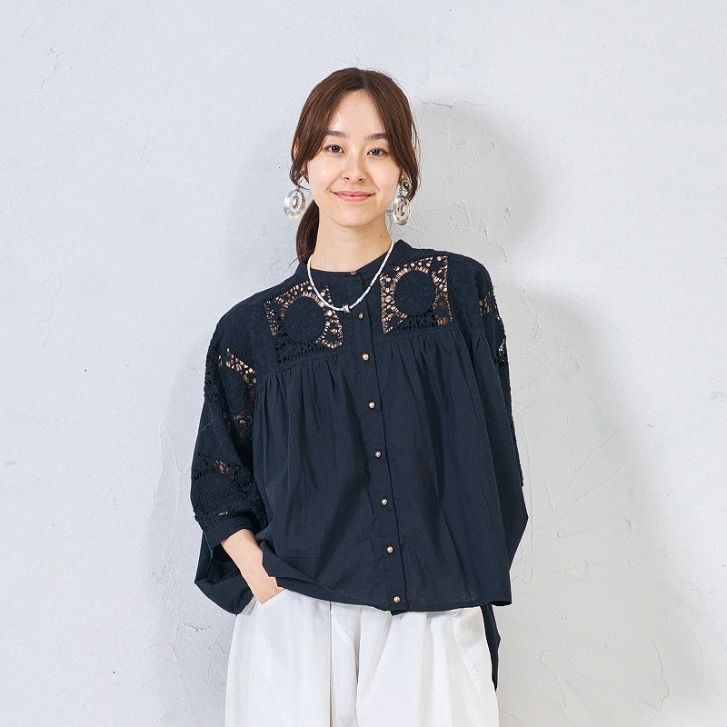 【予約販売】　コットンレース無地ブラウス　4月入荷予定
