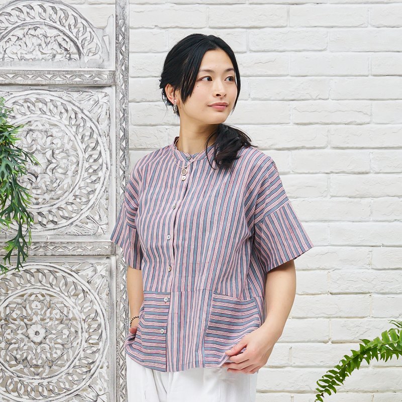 【予約販売】　ブロックプリントストライプショートブラウス　8月入荷予定
