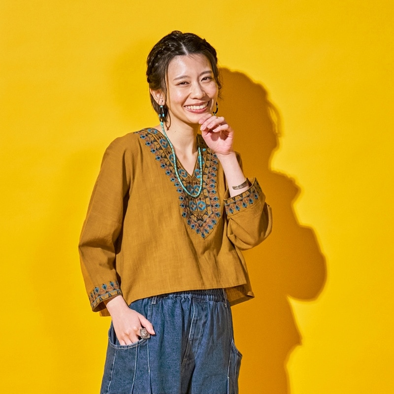 コットン幾何学刺繍ワイドプルオーバー　【メール便可】