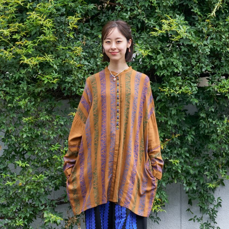 レーヨンストライププリント×三角刺繍前あきワンピース　【メール便可】