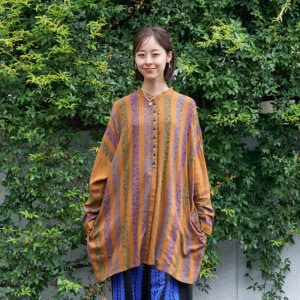 レーヨンストライププリント×三角刺繍前あきワンピース 【メール便可