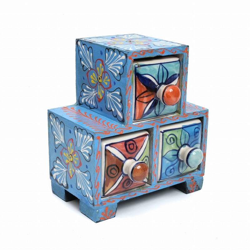 ブルーポタリーミニ3ドロワーキャビネット｜マライカ公式通販