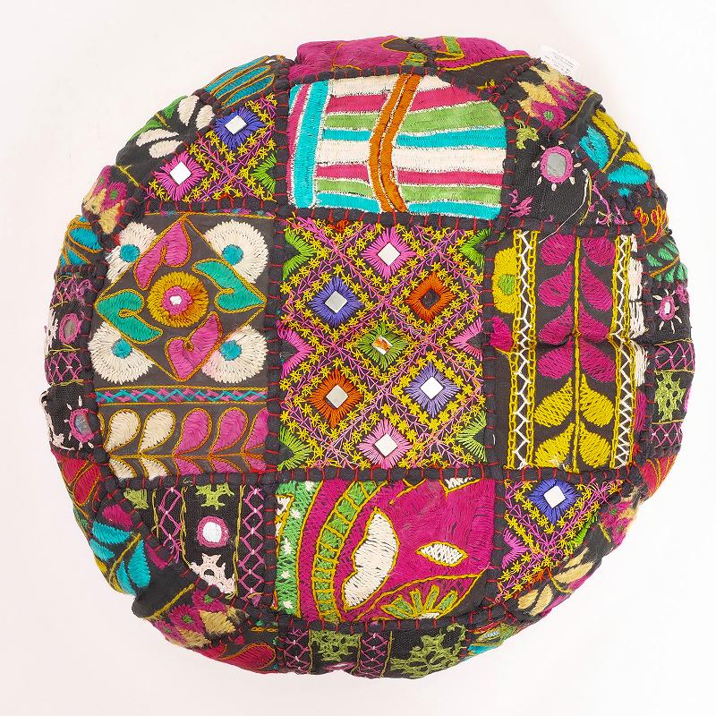 グジャラート刺繍古布パッチワーク ラウンドクッション